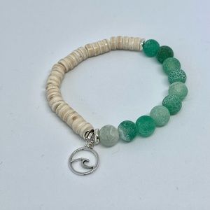 Hand crafted green agates and heishi bead bracelet with wave charm